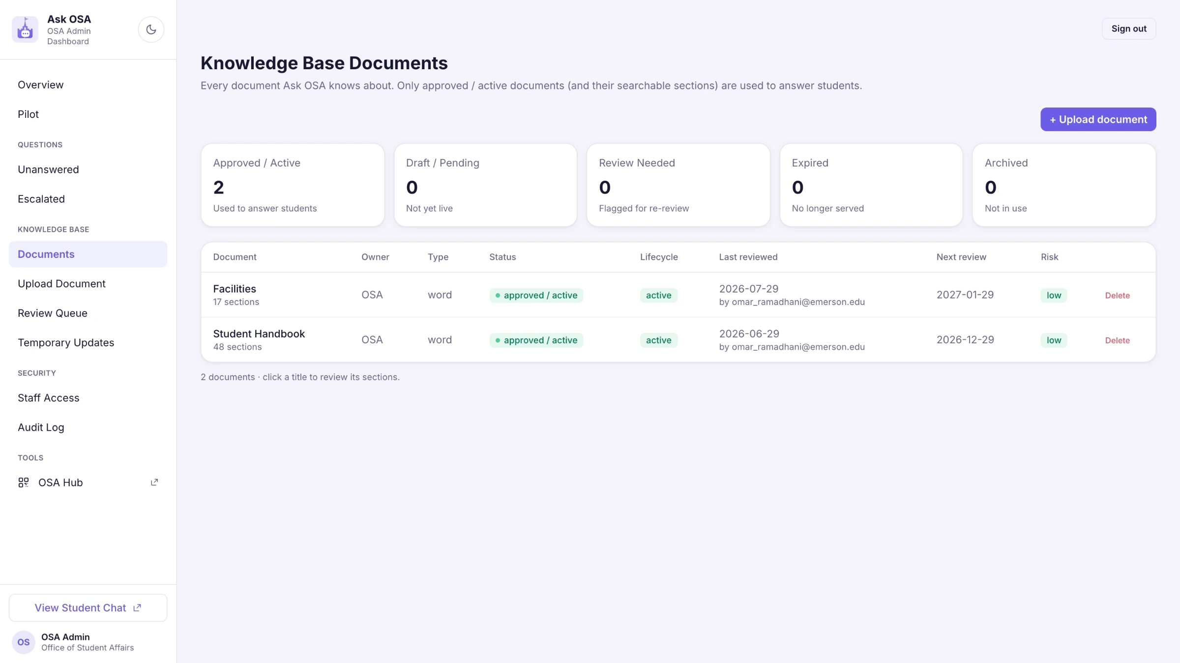 The documents list with status, version, owner, review date and fragment count.