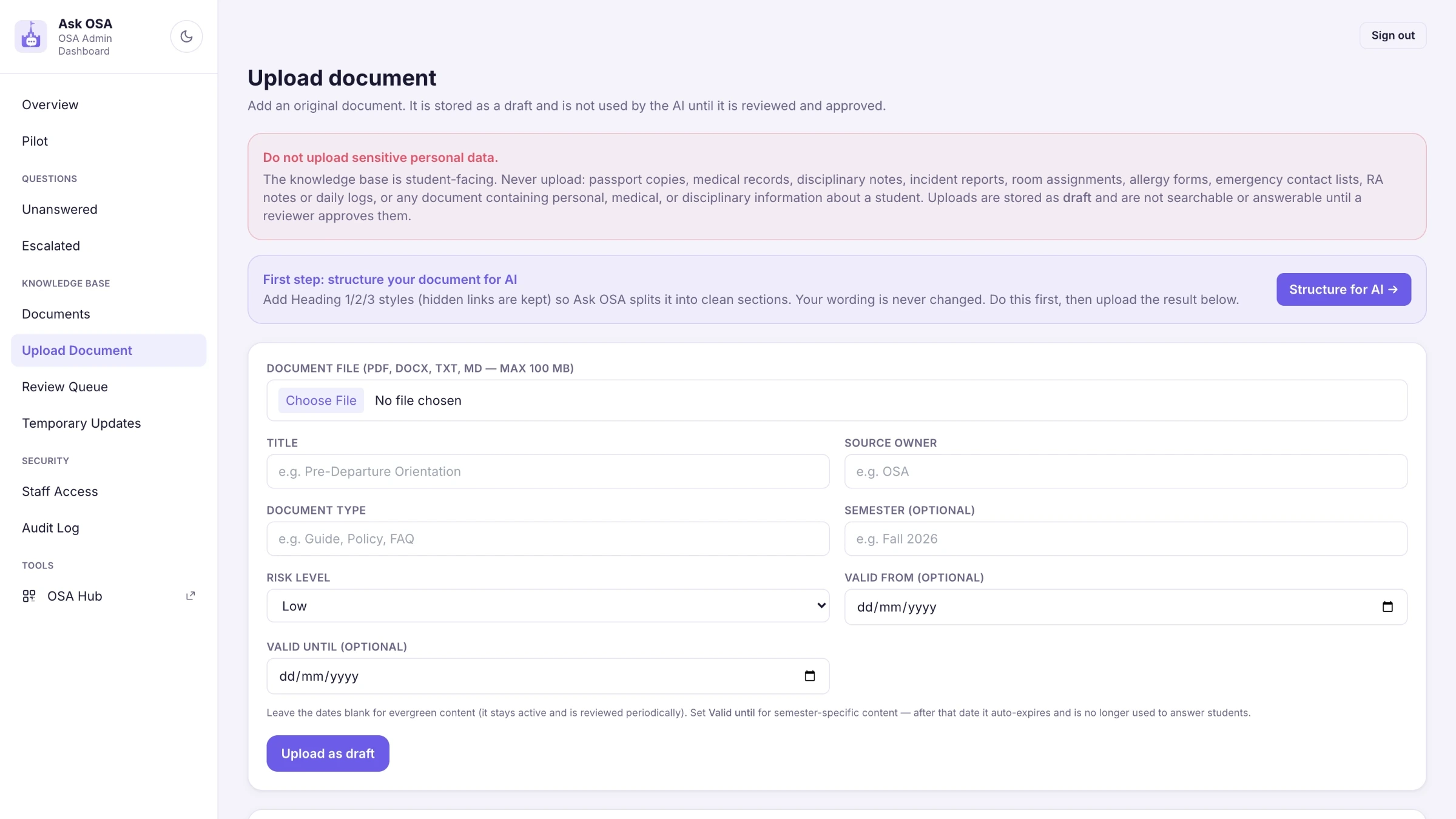 The upload screen, with the red warning listing what must never be uploaded.