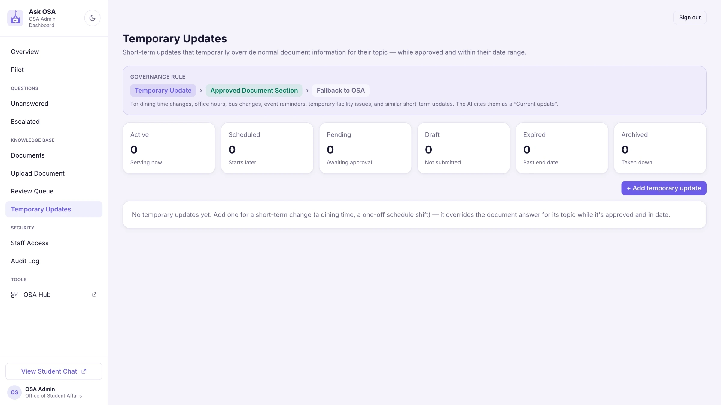 The temporary updates screen, short notices each with an end date.