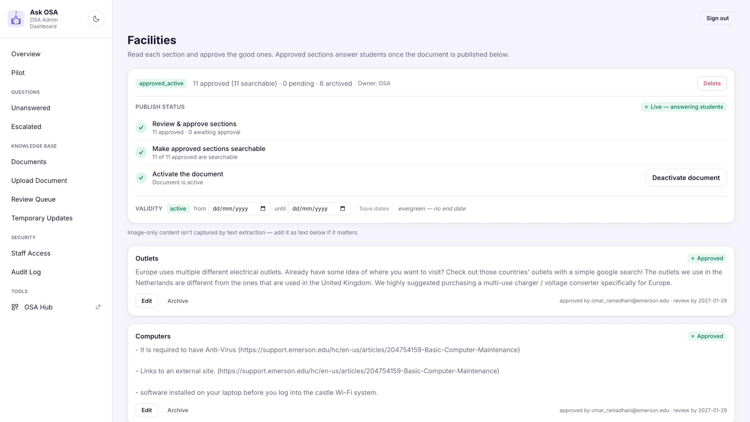 The per-fragment review screen, with options to edit, merge, reject or approve.