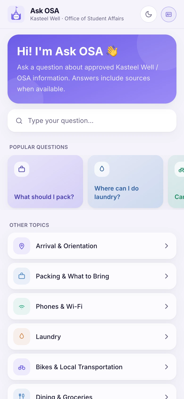 The Ask OSA home screen with a question field and the most-asked questions as cards.
