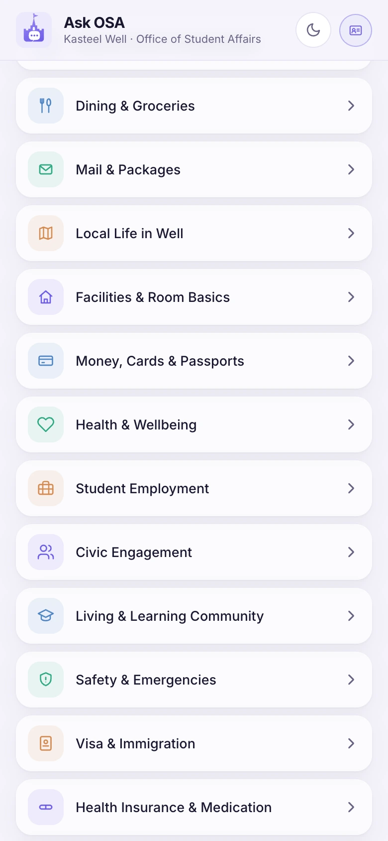 The topic list, from Arrival & Orientation onwards.