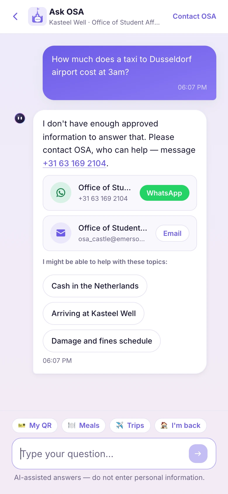 A student asks what a taxi to Düsseldorf airport costs at 3am. The assistant answers that it does not have enough approved information, gives the OSA contact details, and lists topics it can help with.