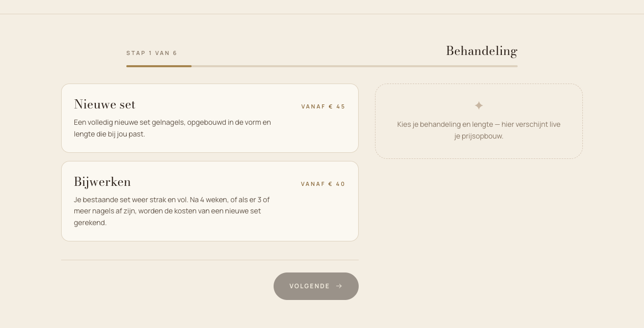 Step one of the live booking flow, choosing a treatment