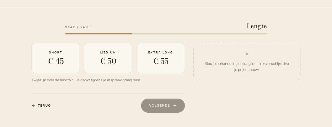 Step two of the live booking flow, choosing a length