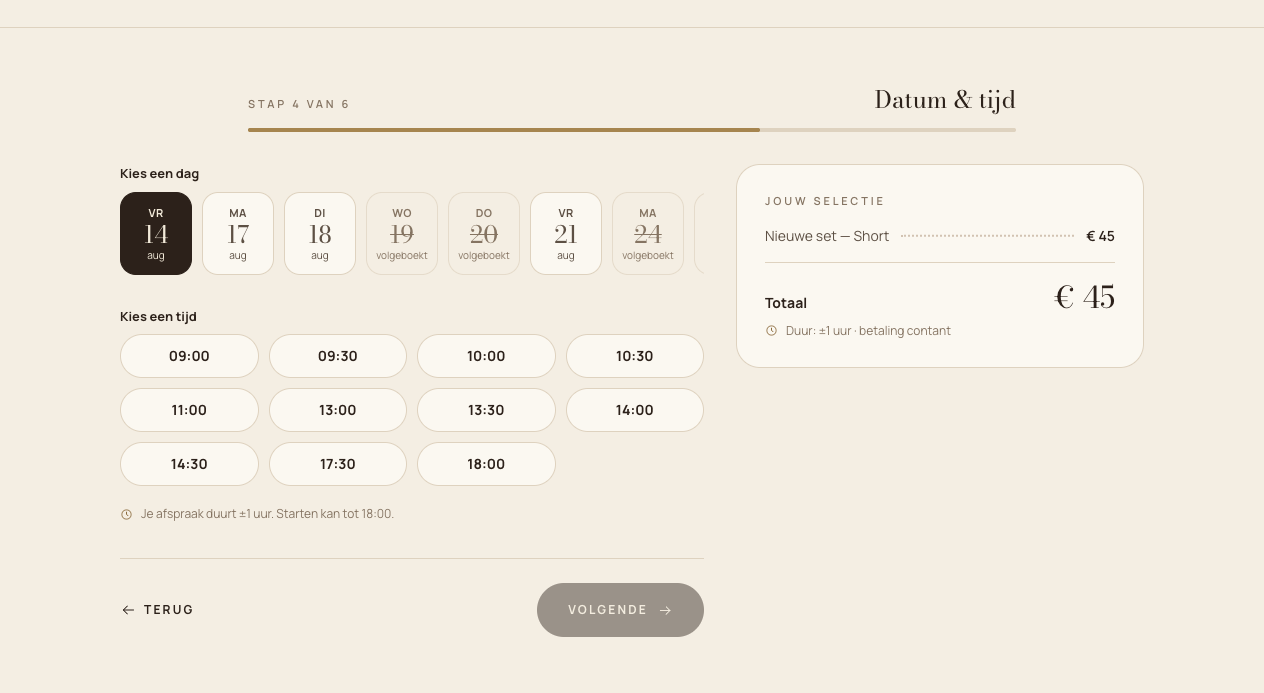 Step four of the live booking flow, choosing a day and time