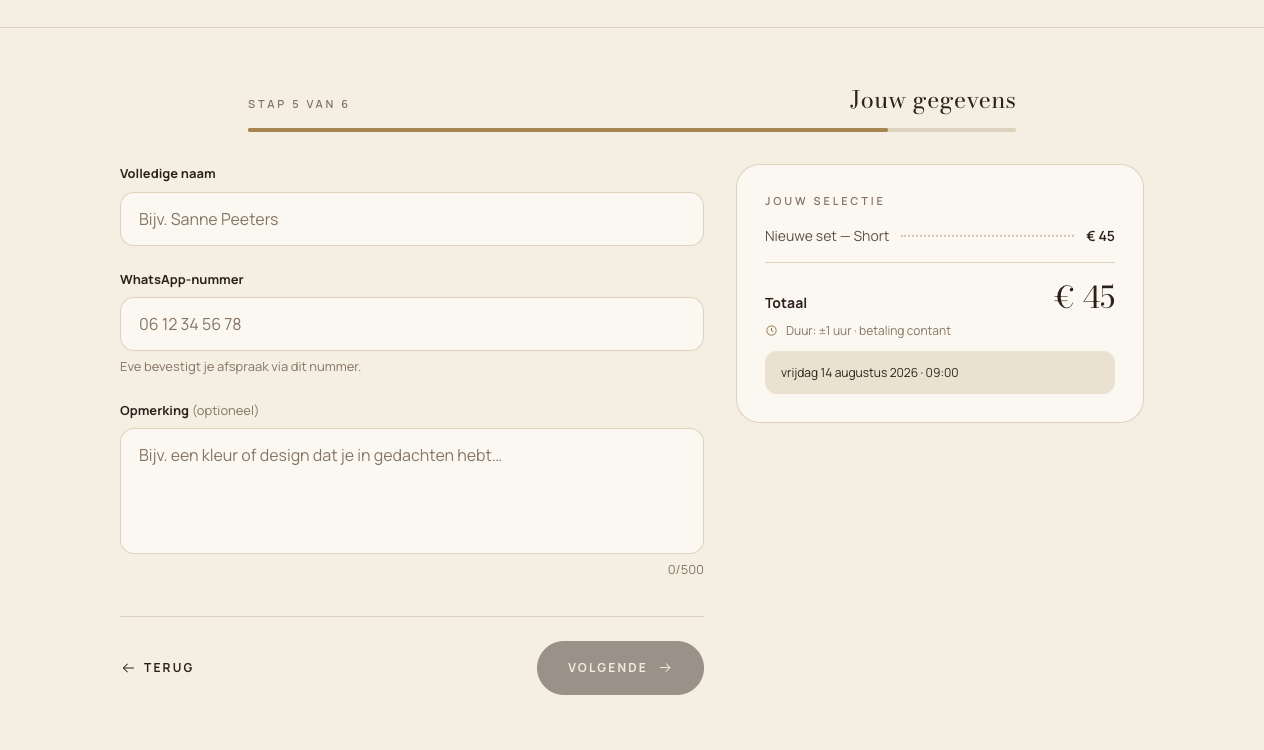 Step five of the live booking flow, entering contact details