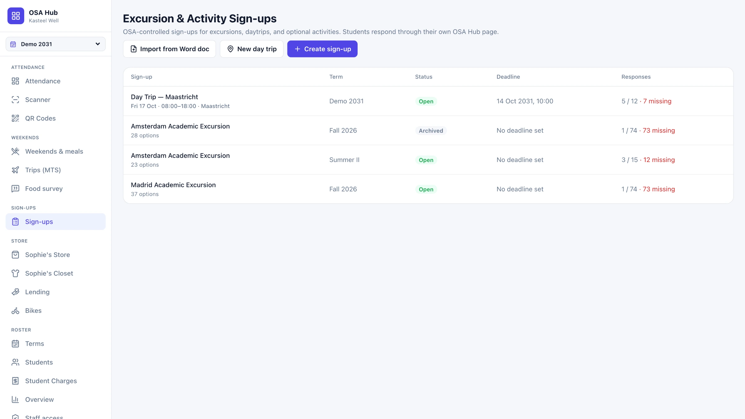 The excursion sign-ups screen with options and confirmed places.