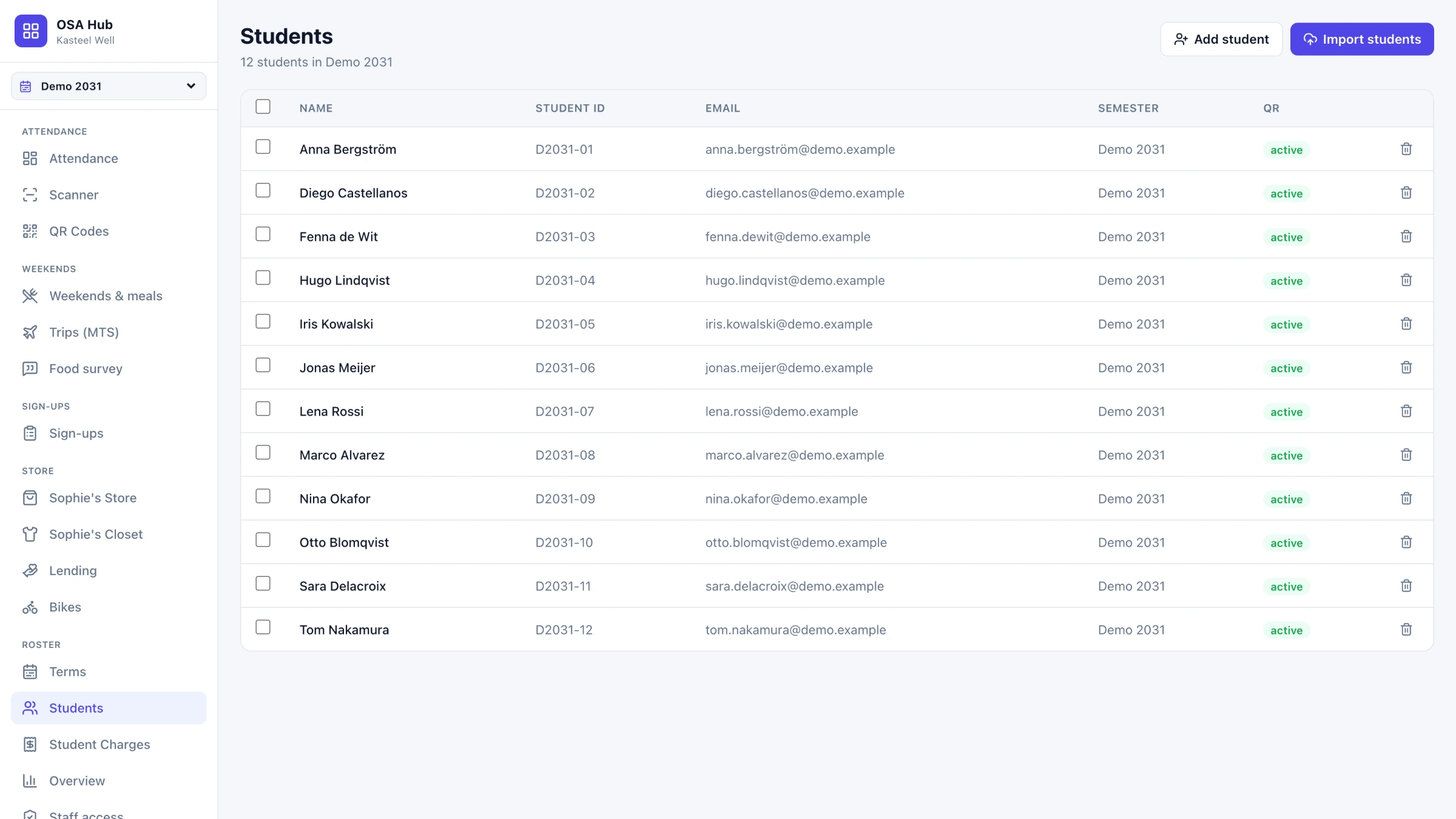 The student roster for a term.