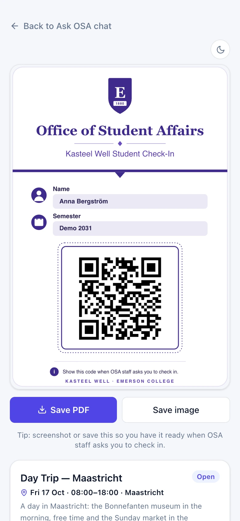 A student's personal card showing meals, trips, loans and charges.