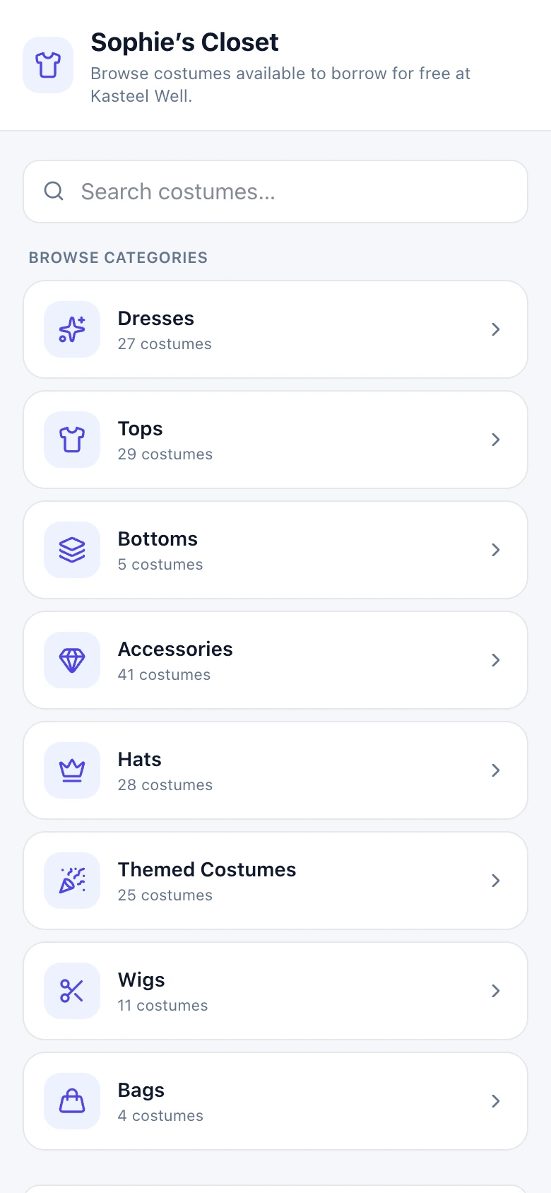 The costume catalogue on a phone, with counts per item.