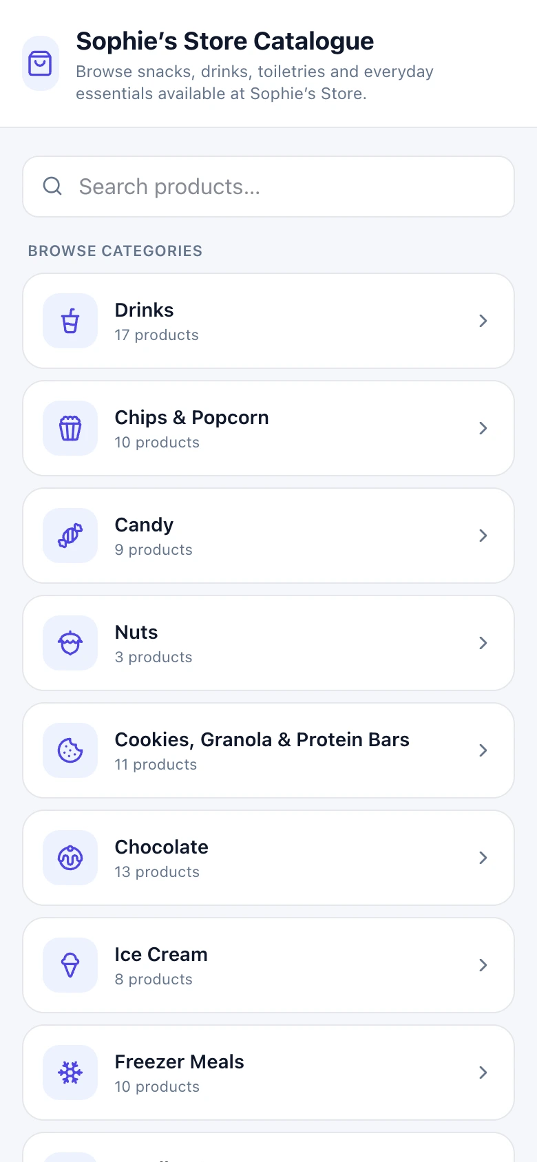 Sophie's Store catalogue on a phone, allergens per product.