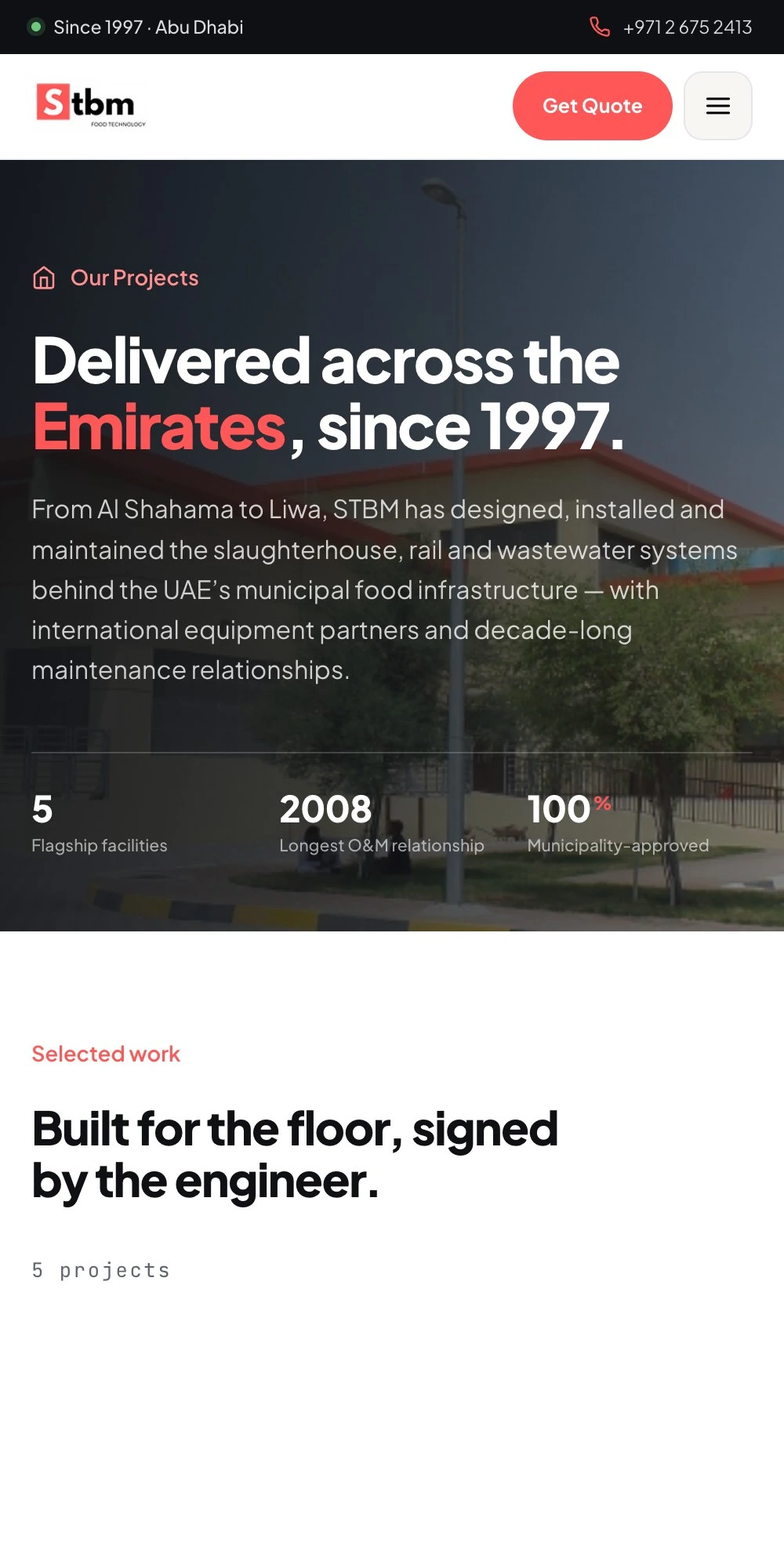 The projects page on a phone: the canonical header, and three statistics sitting in three equal columns.